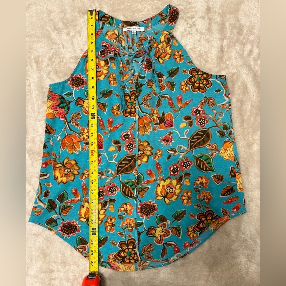 Rose &‎ Olive Teal Floral Blouse size Medium Sleeveless - Picture 8 of 10